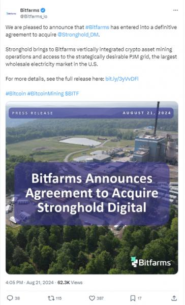 
			Bitfarms запускает 120-мегаваттный майнинговый мегакомплекс в США		